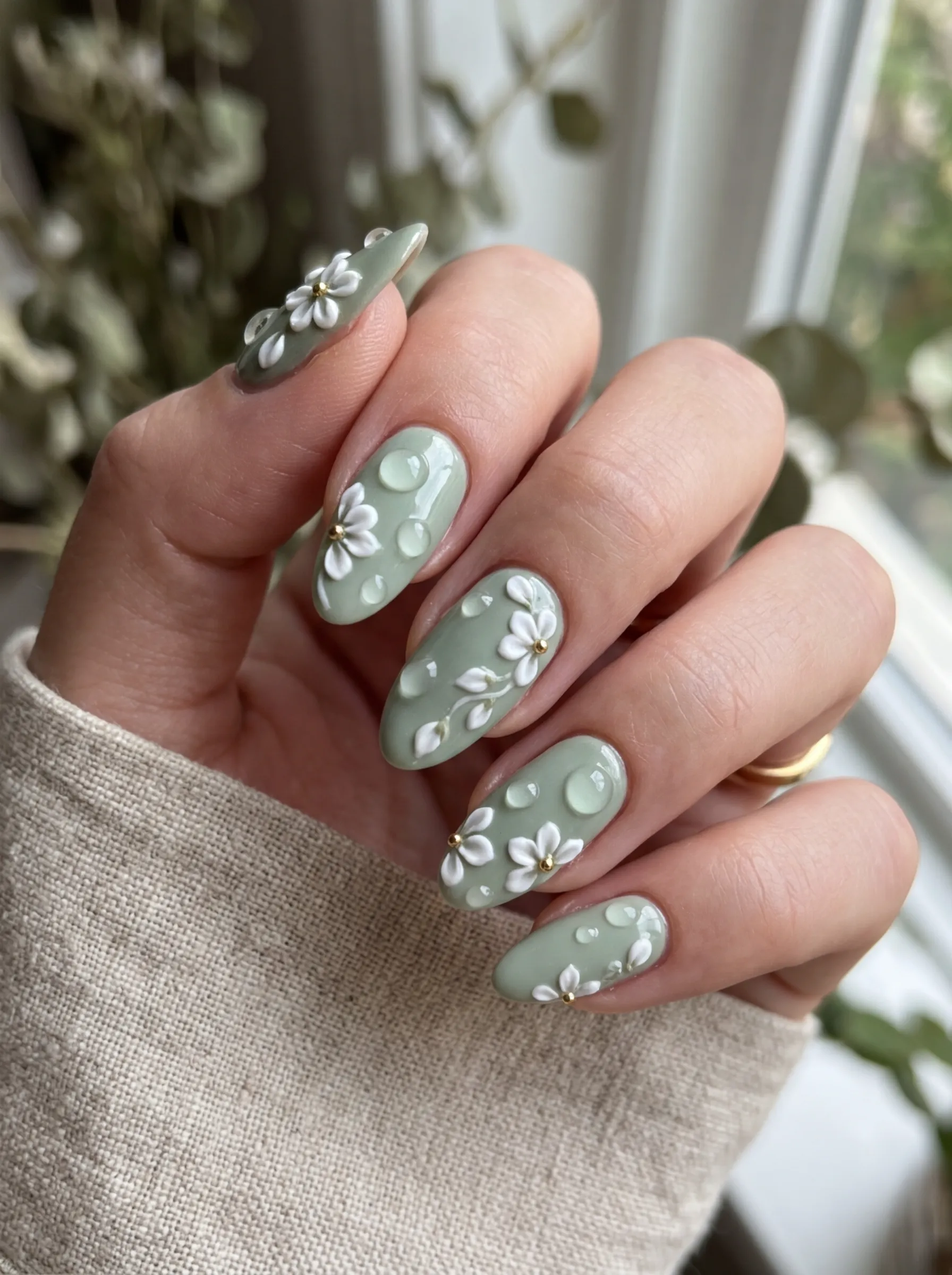 10 best spring nails with 3D floral accents and clear gel droplets
