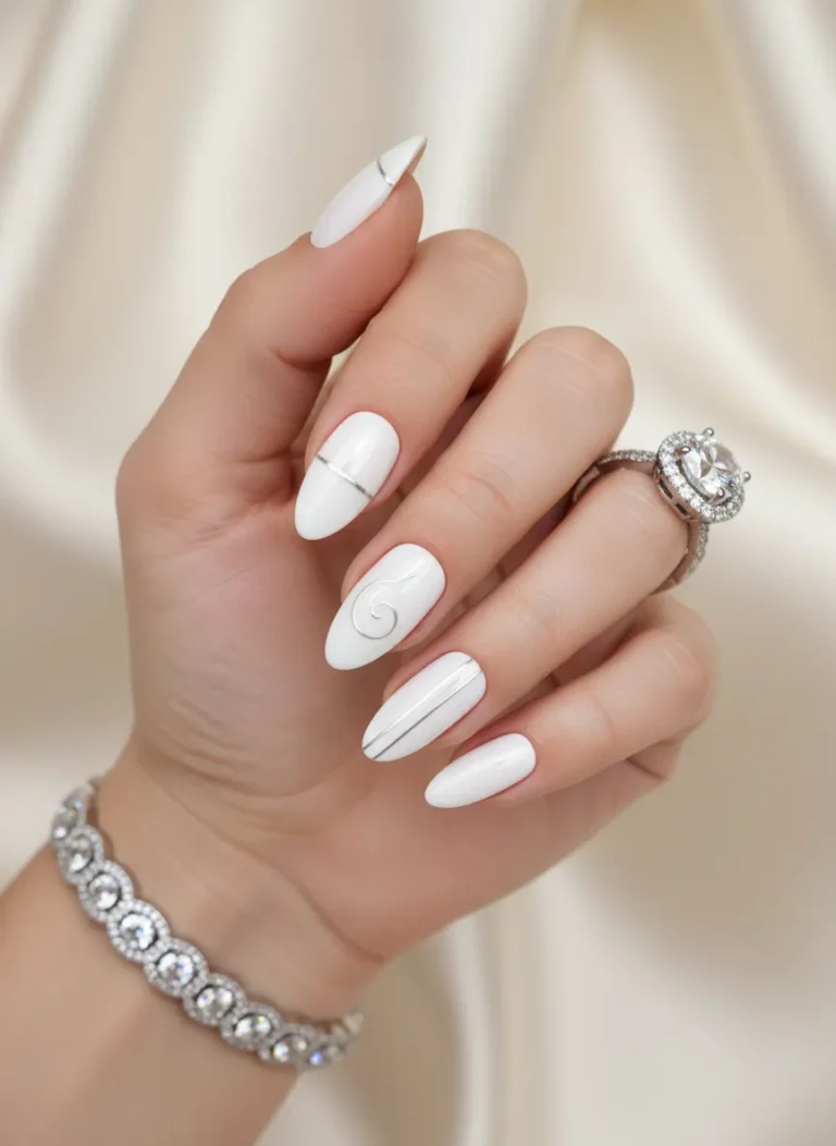 Classic glossy elegant white nail designs on almond nails