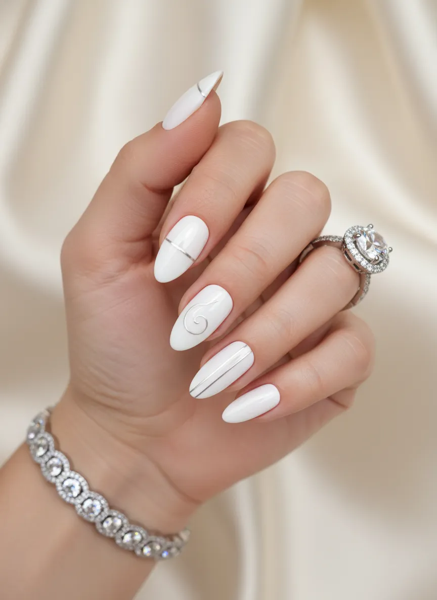 Classic glossy elegant white nail designs on almond nails