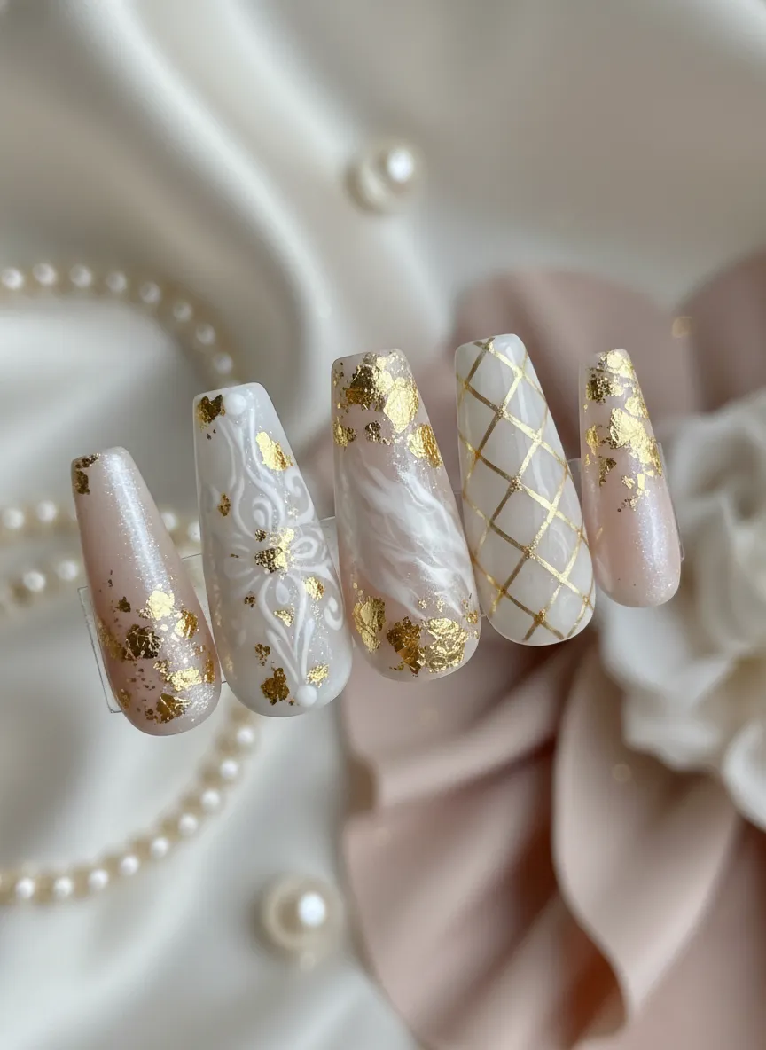 Gold foil and elegant white nail designs