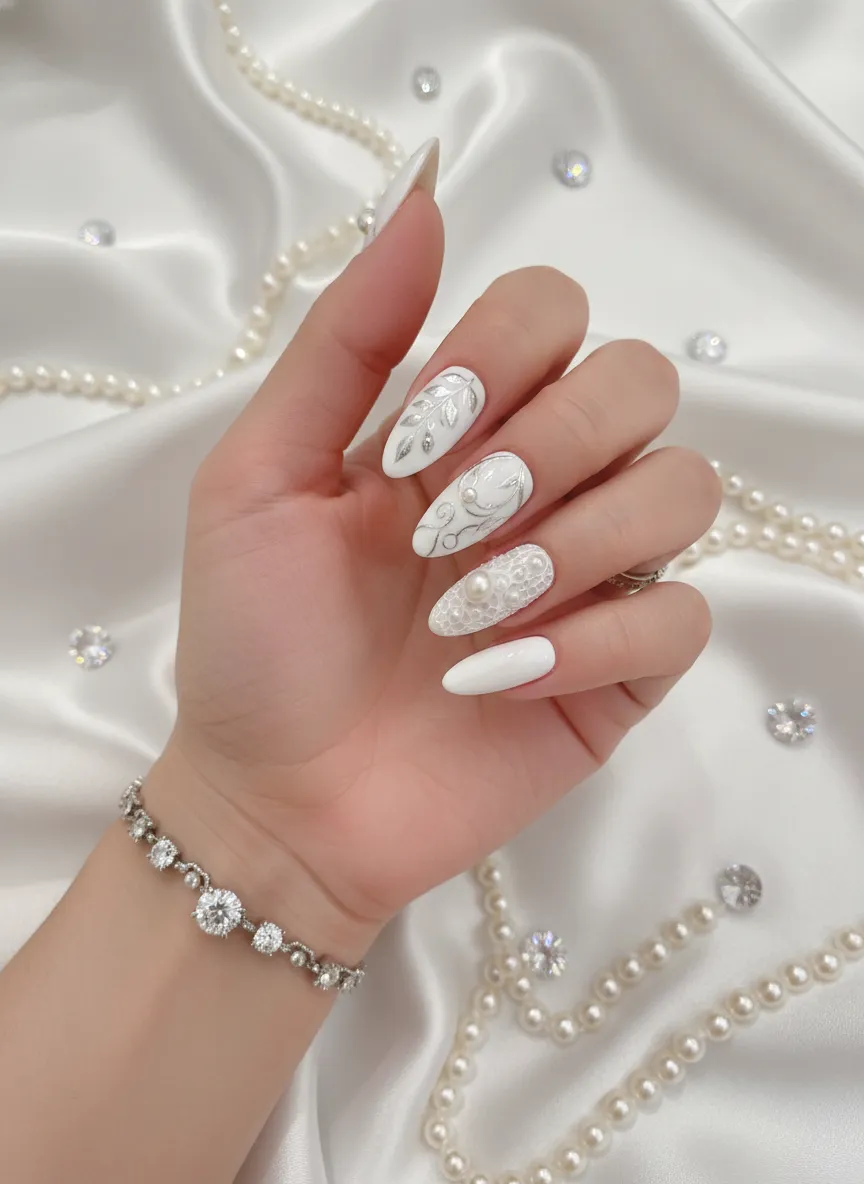 Pearl embellished elegant white nail designs