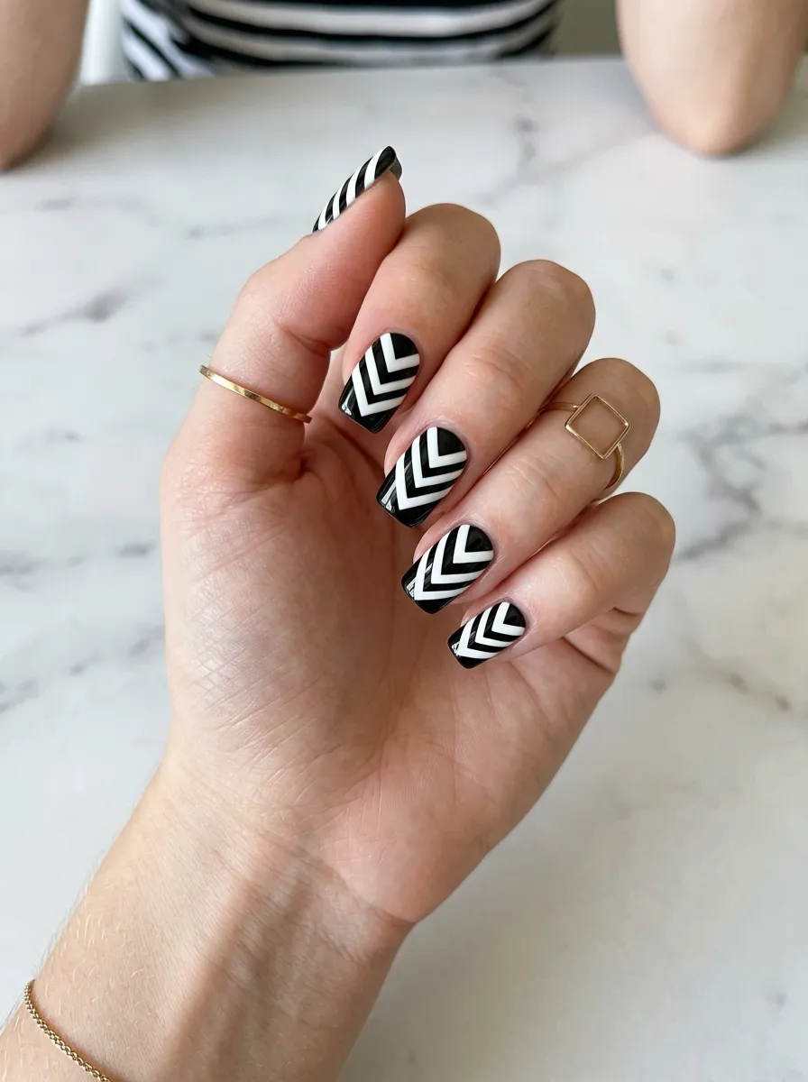 Sharp geometric chevron patterns from the 2013 nail trends.