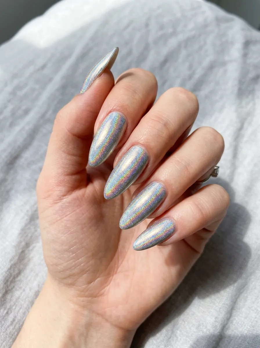 Shimmering holographic manicure inspired by 2013 nail trends.