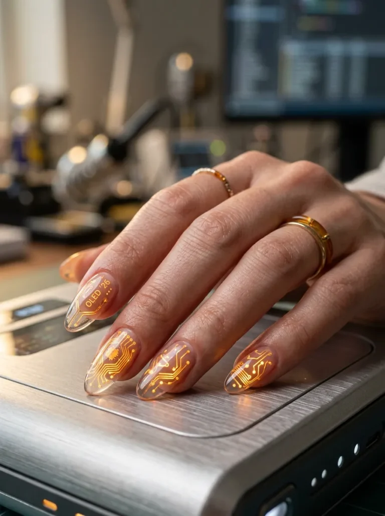 Technologically advanced best nails in 2026 with glowing circuits