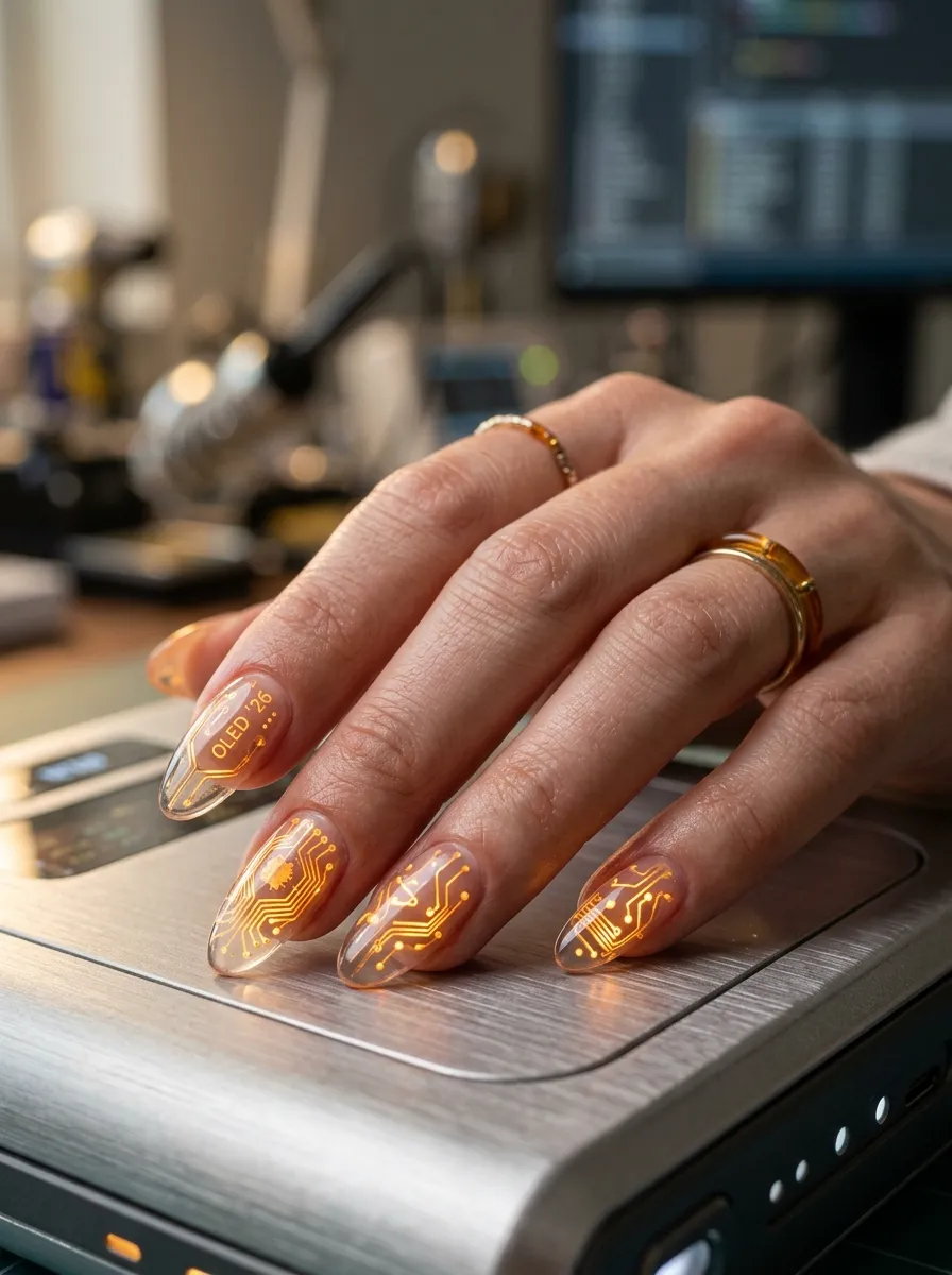 Technologically advanced best nails in 2026 with glowing circuits