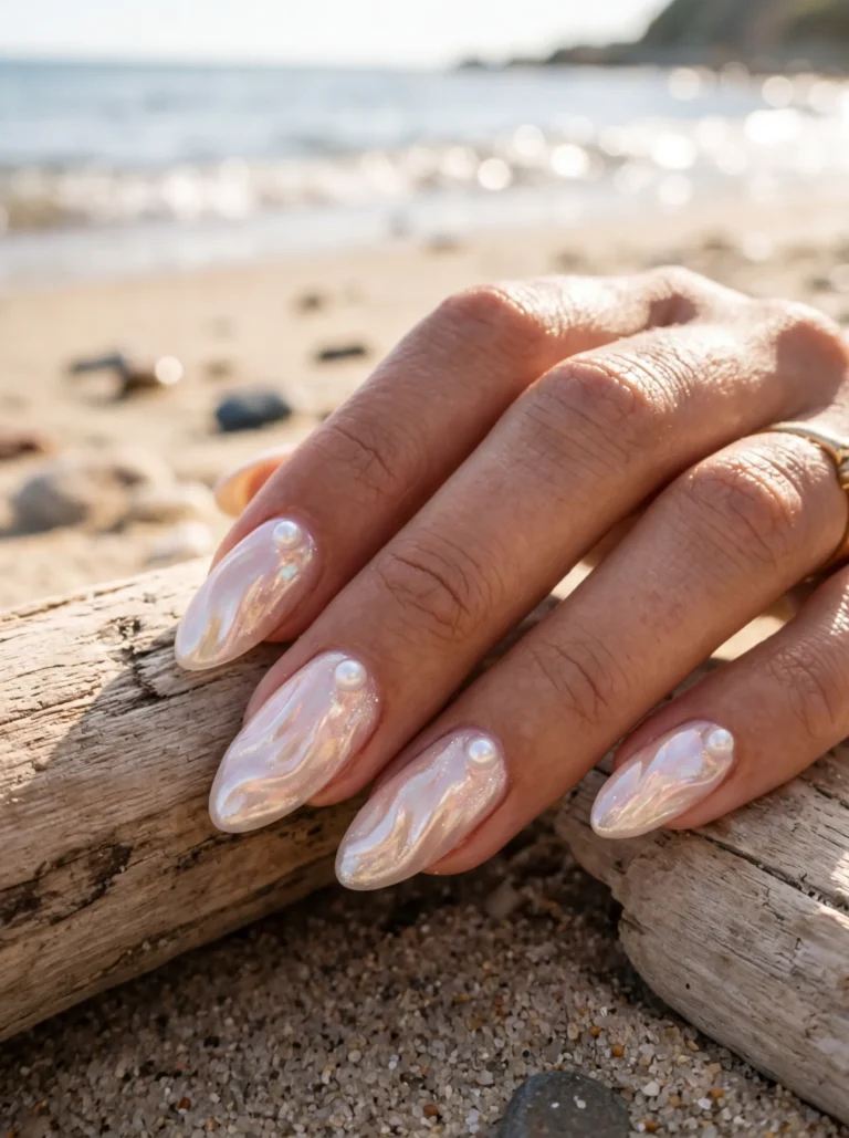 Oyster-core pearlescent summer nail designs 2026 with 3D shell textures.