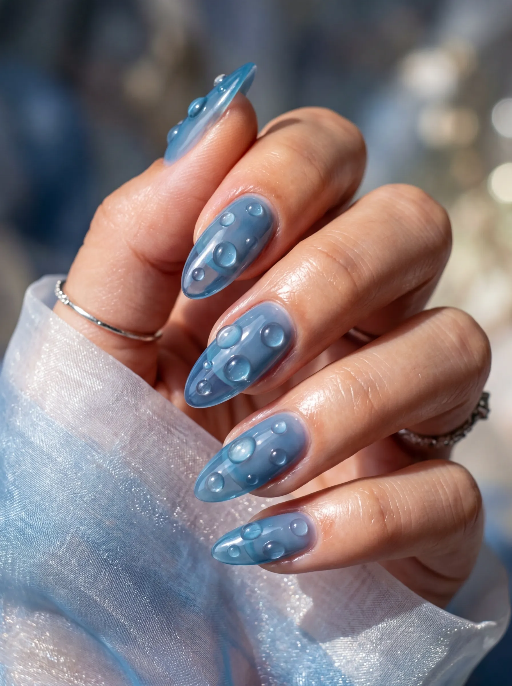 3D jelly summer nail designs 2026 with water droplet textures.