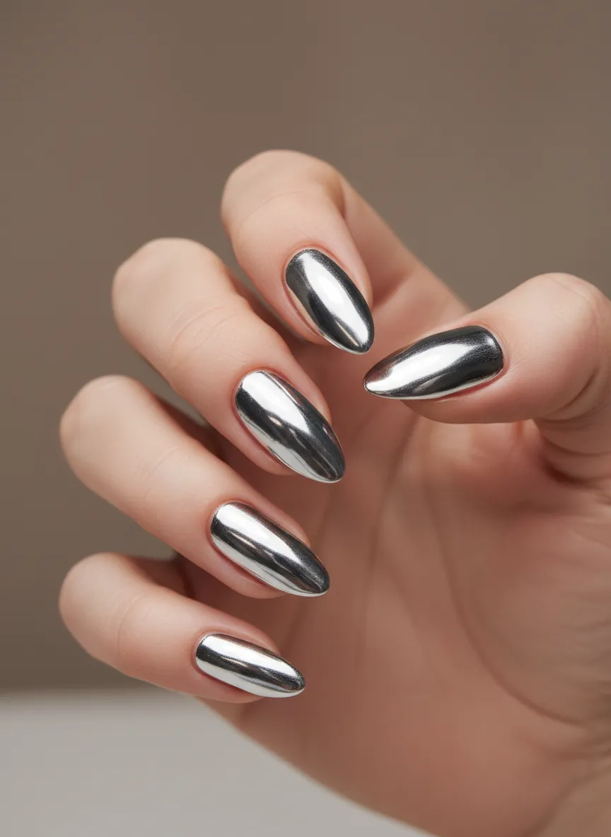 Top 10 nails design featuring silver mirror chrome finish