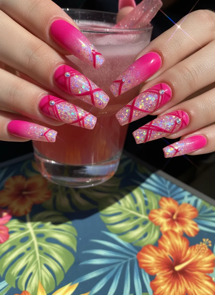 Top 10 nails design with vibrant pink and glitter accents