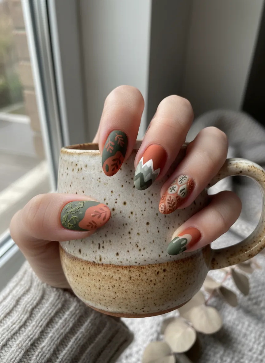 Top 10 nails design in earthy terracotta and green shades