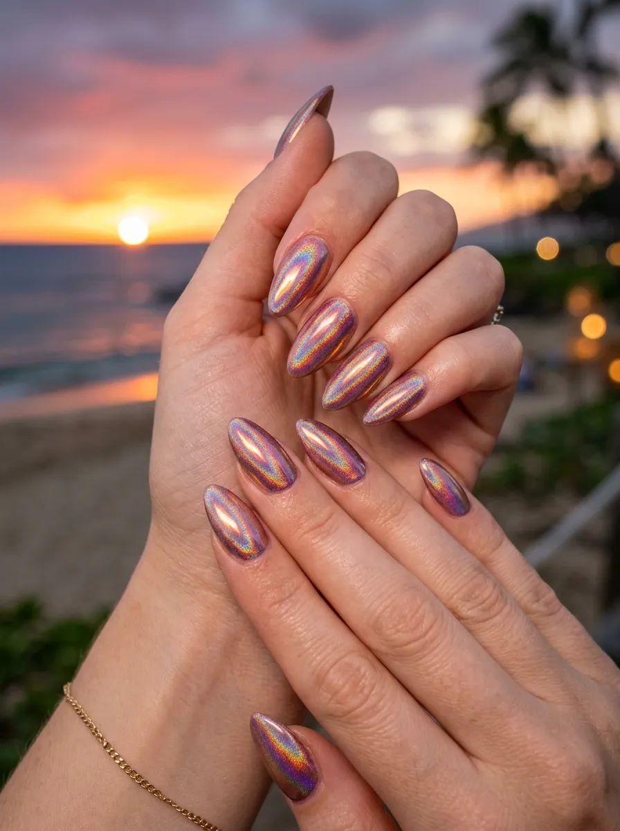 Iridescent holographic chrome manicure showcasing the Top 5 Nails metallic style.