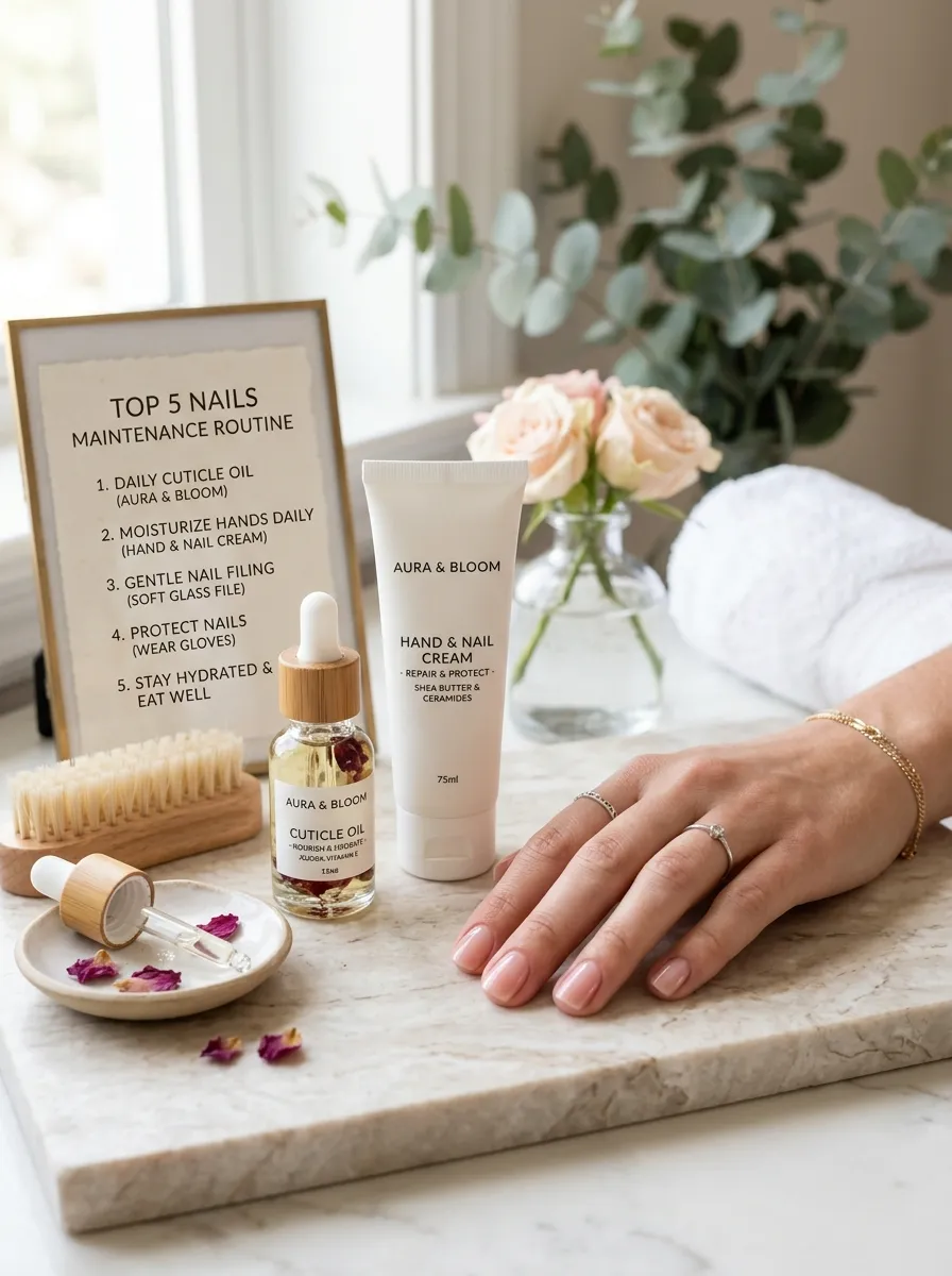 Nail care products and a fresh manicure representing Top 5 Nails maintenance.