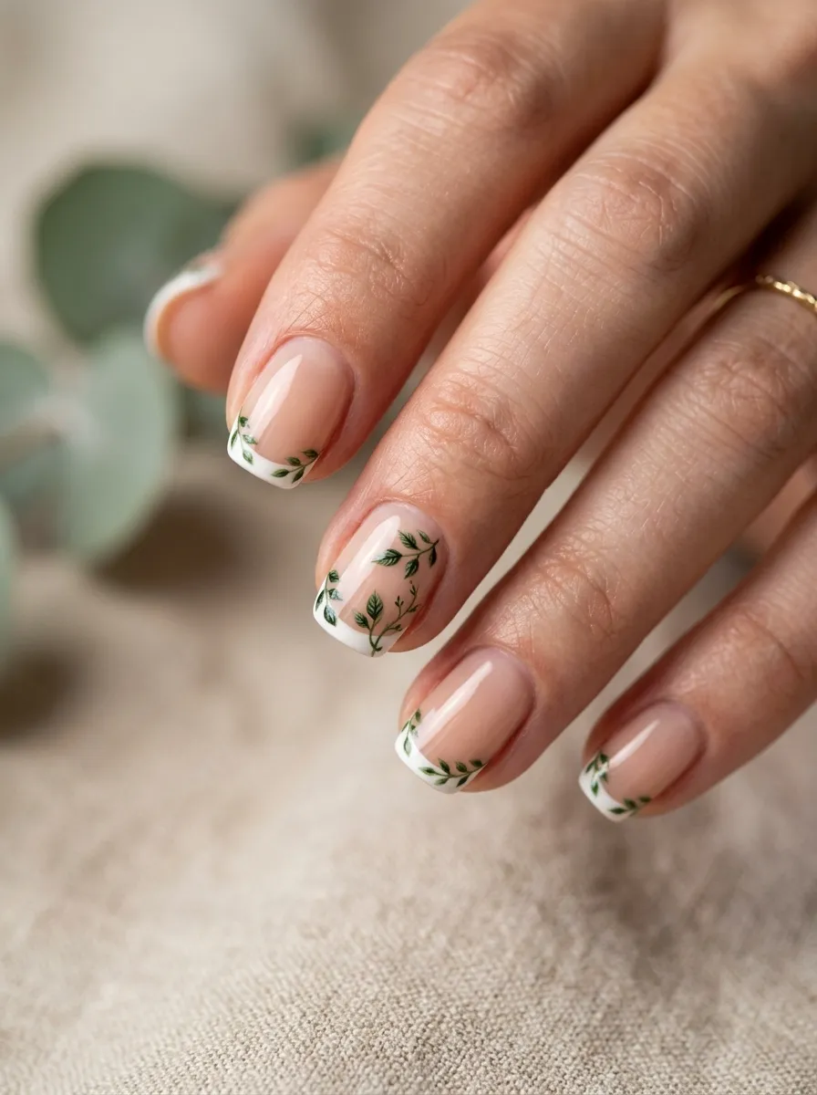 Botanical micro-french manicure from the top 5 spring nail trends list