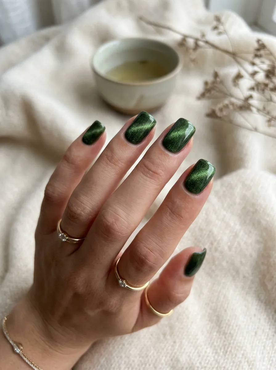 Matcha green velvet nails representing top 5 spring nail trends