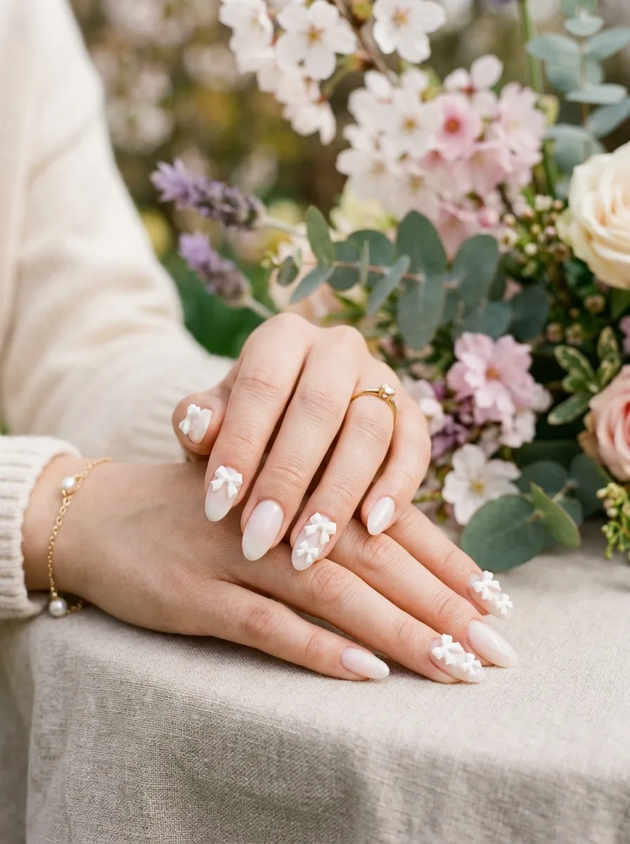 Coquette 3D bow nail art part of the top 5 spring nail trends