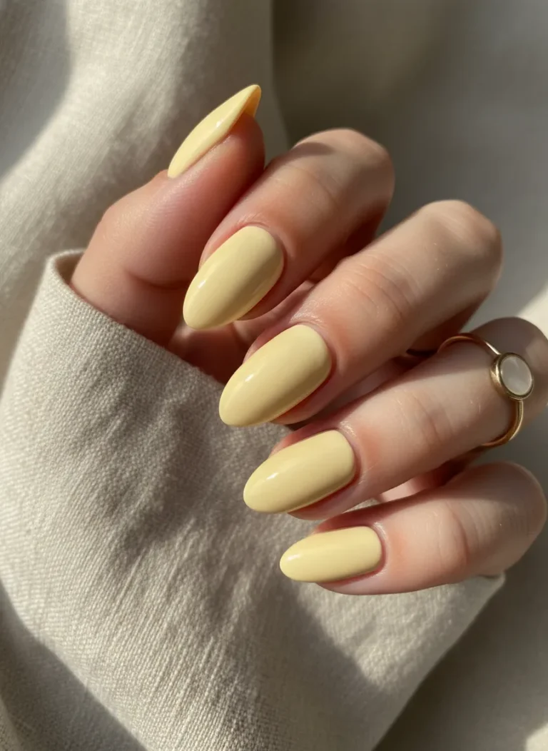 trendy spring nails 2026 in creamy butter yellow color