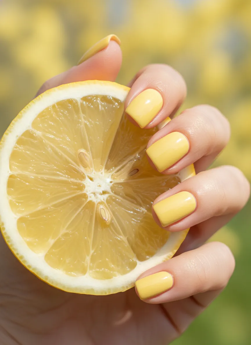 Bright lemon zest yellow spring nails ideas with high gloss finish.
