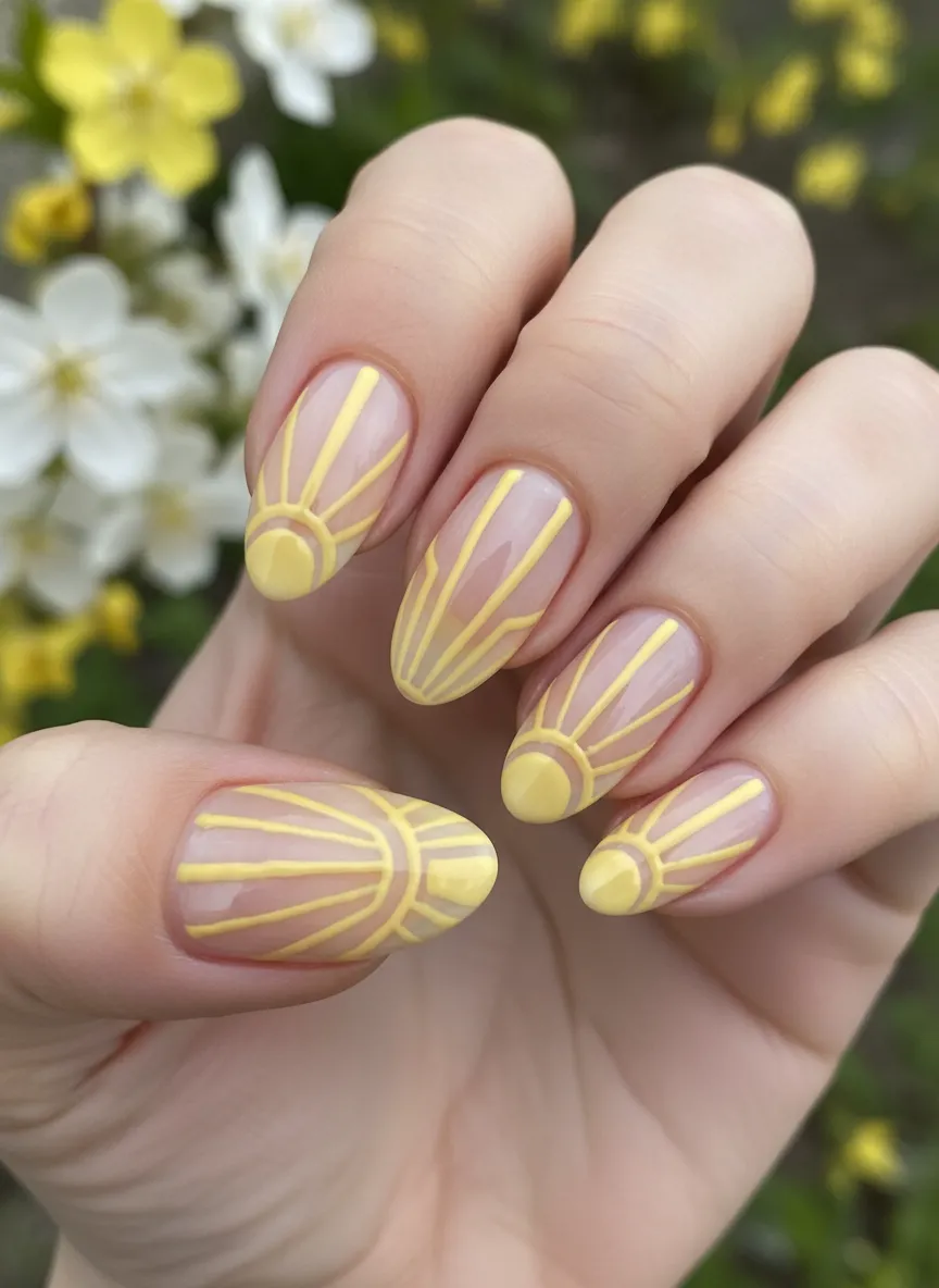 Negative space sunshine design for yellow spring nails ideas.