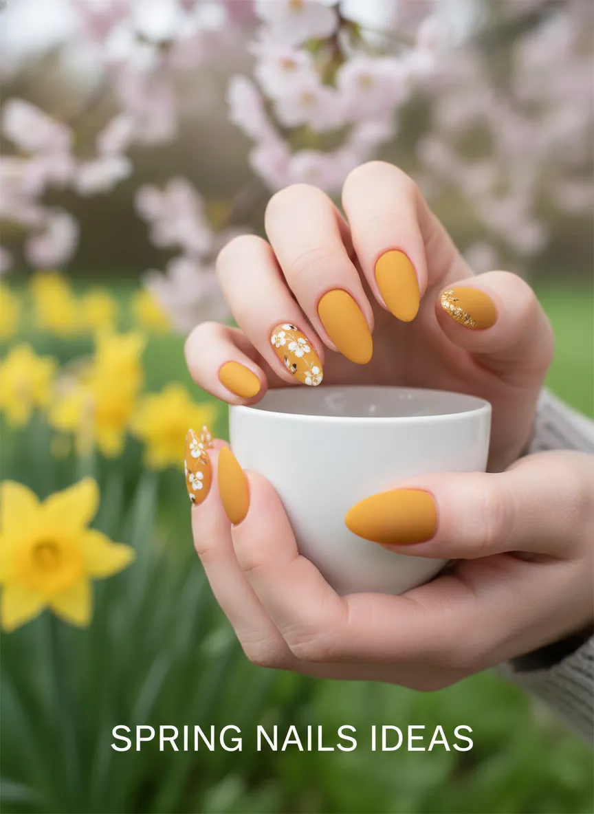 Matte mustard yellow spring nails ideas on almond shaped nails.