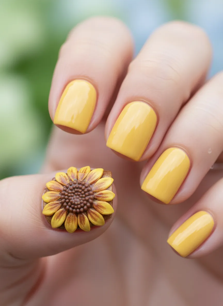 Detailed sunflower accent art as part of yellow spring nails ideas.
