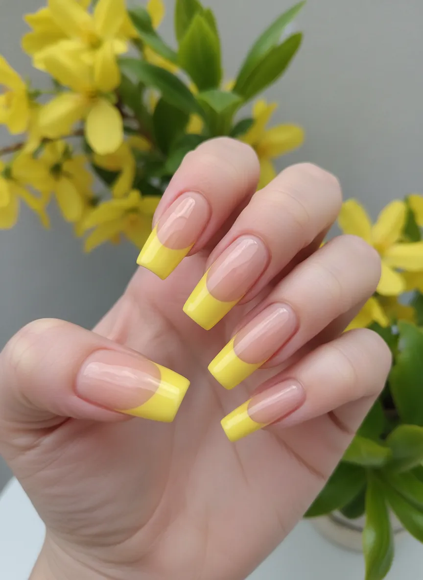 Trendy yellow French tip revival spring nails ideas.