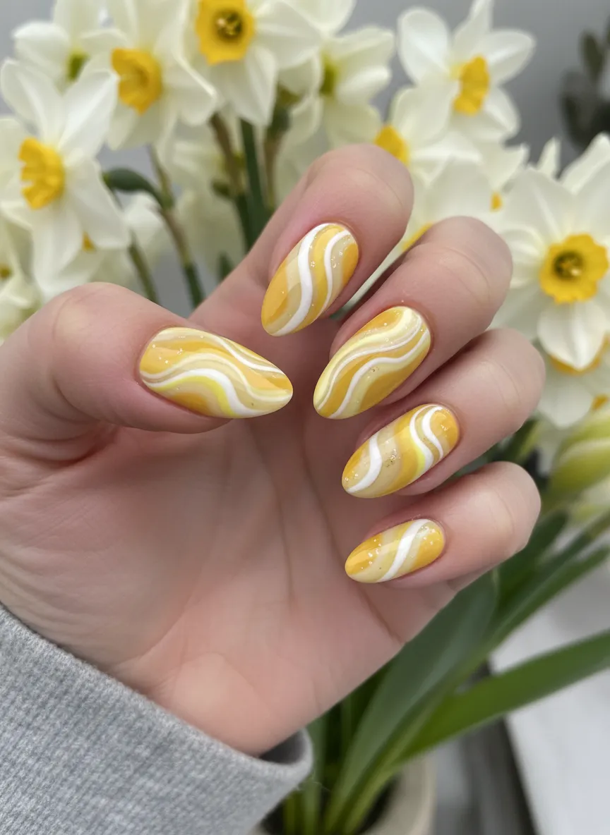 Abstract sunny swirls featuring various yellow spring nails ideas.