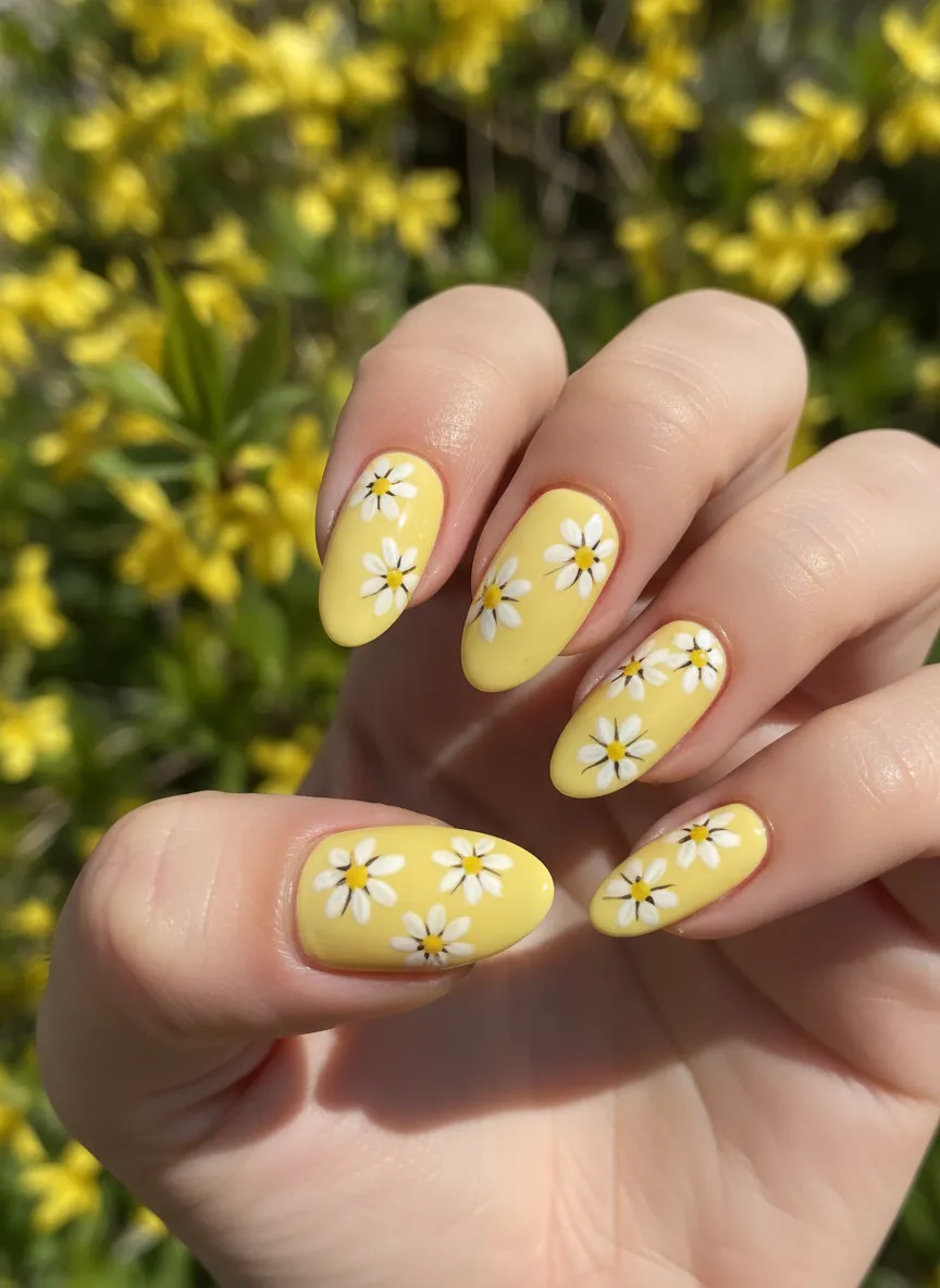 Daisy floral pattern on yellow spring nails ideas.
