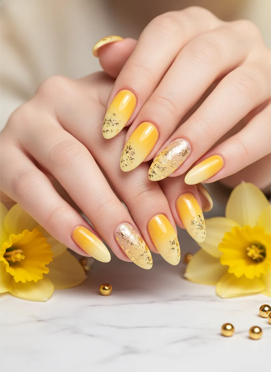 Gold leaf and yellow ombre gradient spring nails ideas.