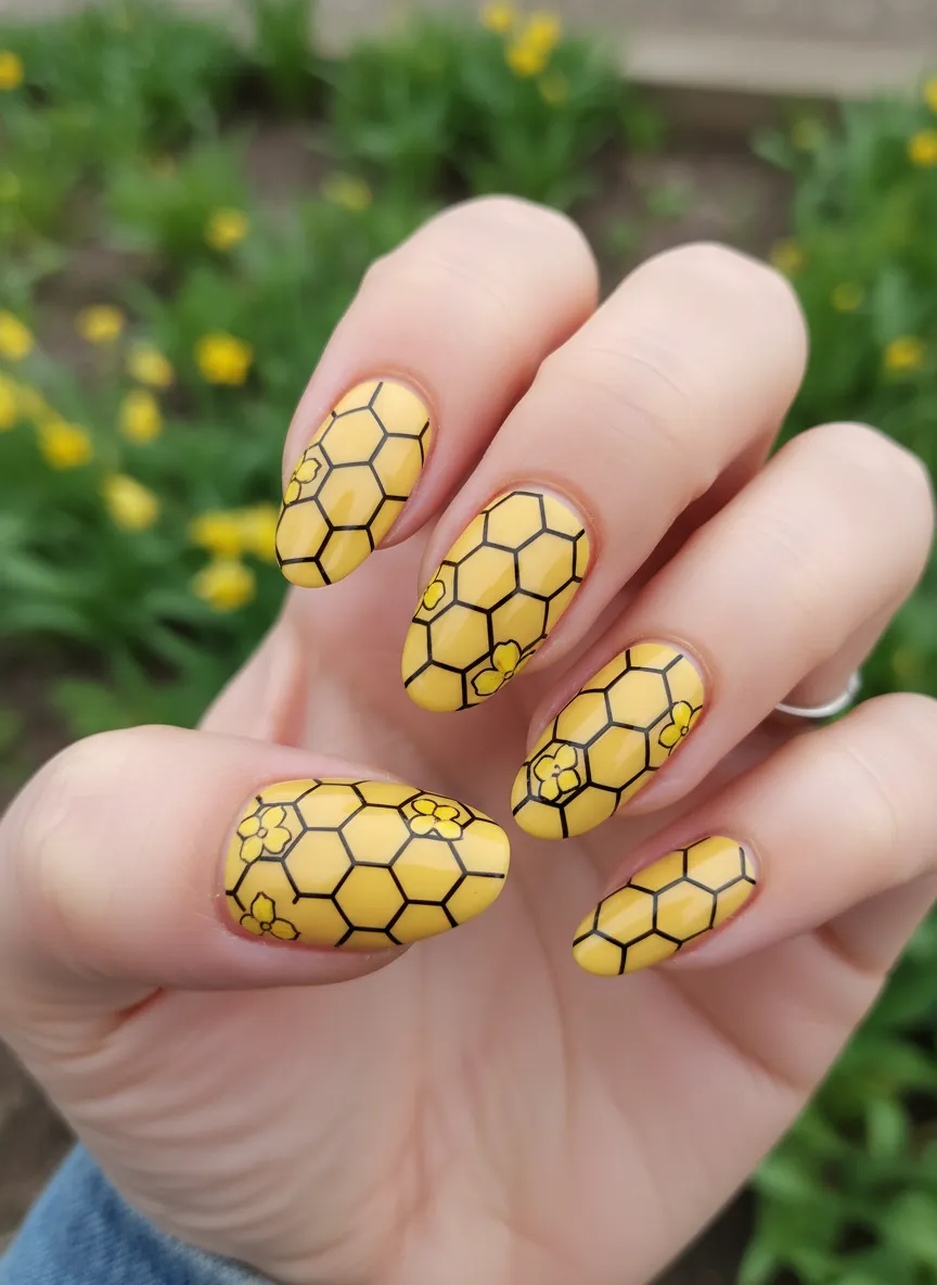 Geometric honeycomb pattern using yellow spring nails ideas.