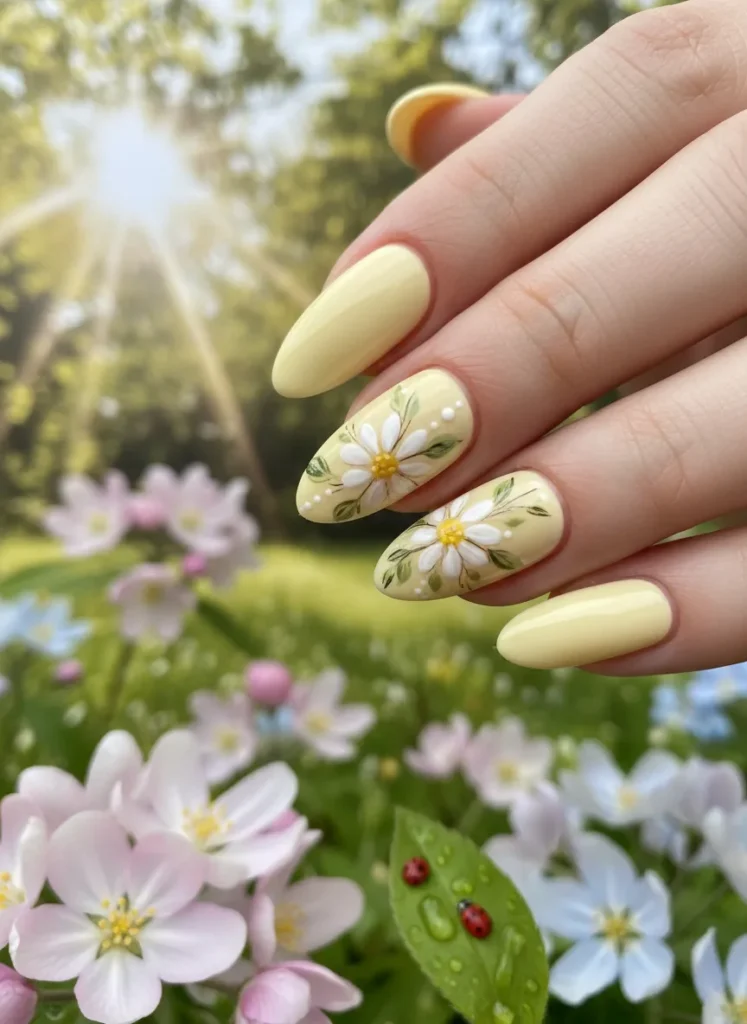 Butter yellow almond nails with daisy art for cute spring gel nails 2026
