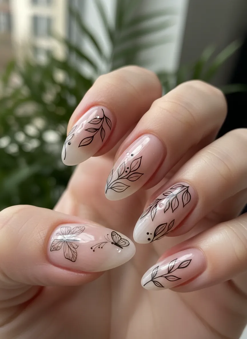 Botanical line art on almond cute spring gel nails 2026