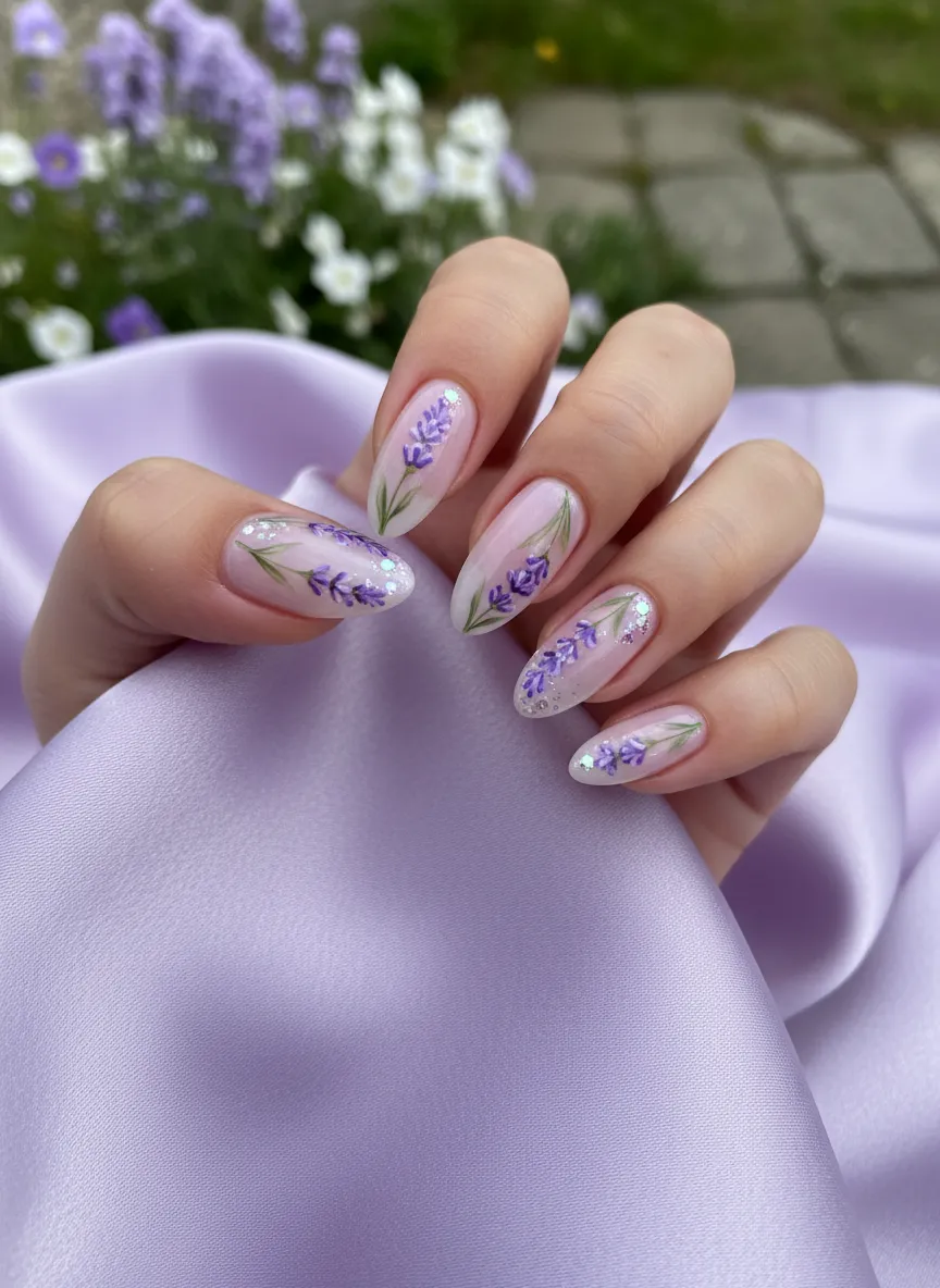 Lavender sprig art on almond nails for cute spring gel nails 2026