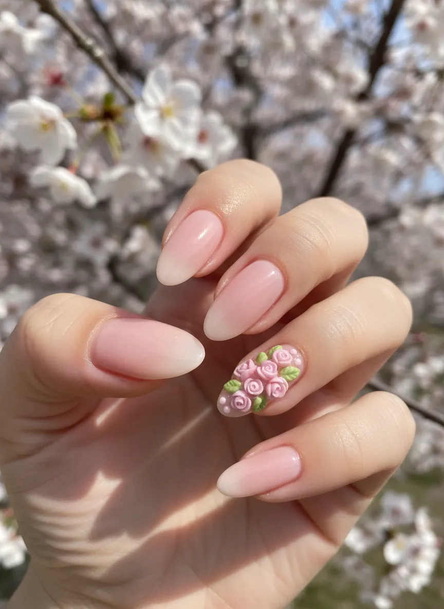 3D sculpted rose garden art on almond cute spring gel nails 2026