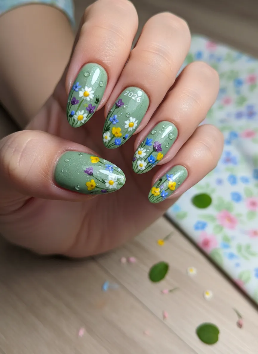 Sage green wildflower meadow art for cute spring gel nails 2026