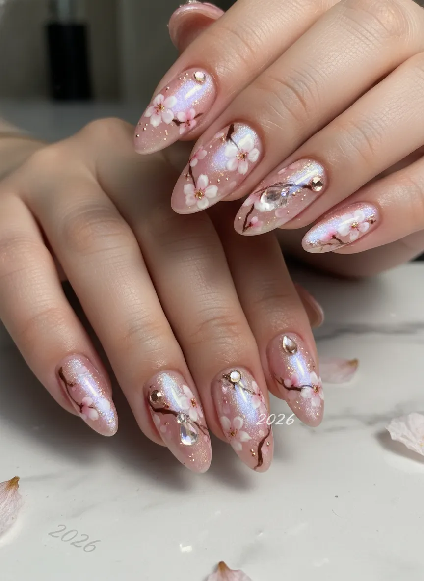Pearlescent cherry blossom nails for cute spring gel nails 2026