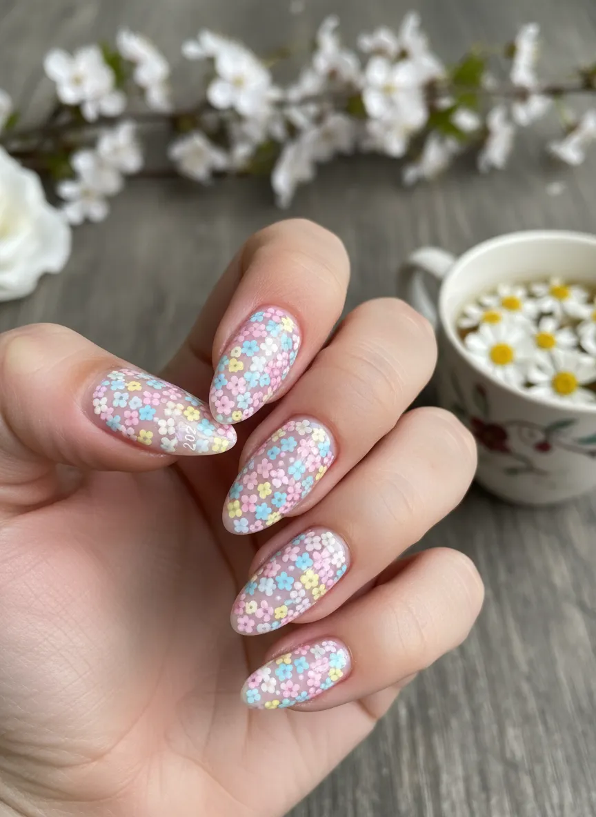 Milky lilac micro floral art on almond cute spring gel nails 2026