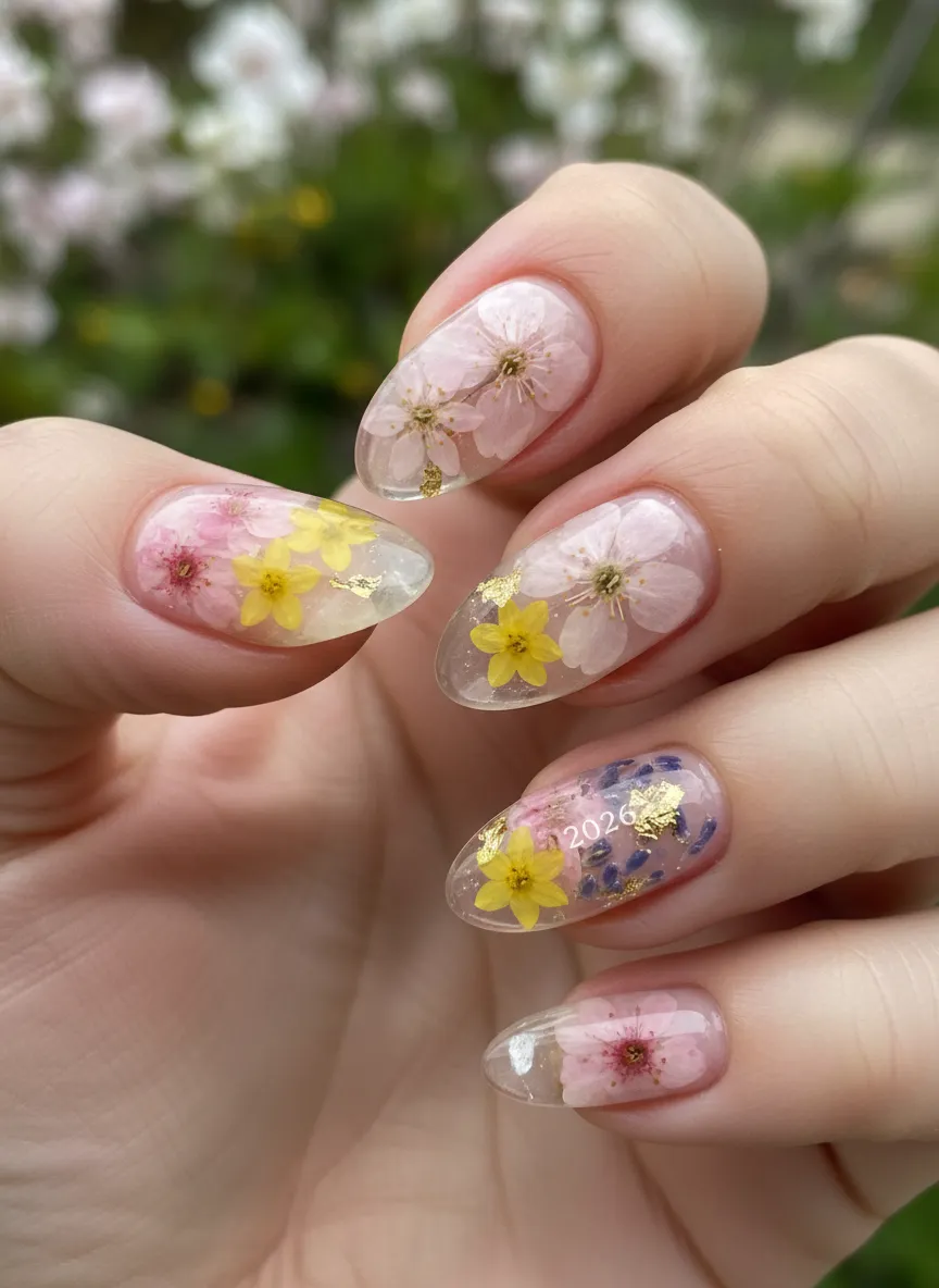 Pressed flower glass nails for cute spring gel nails 2026