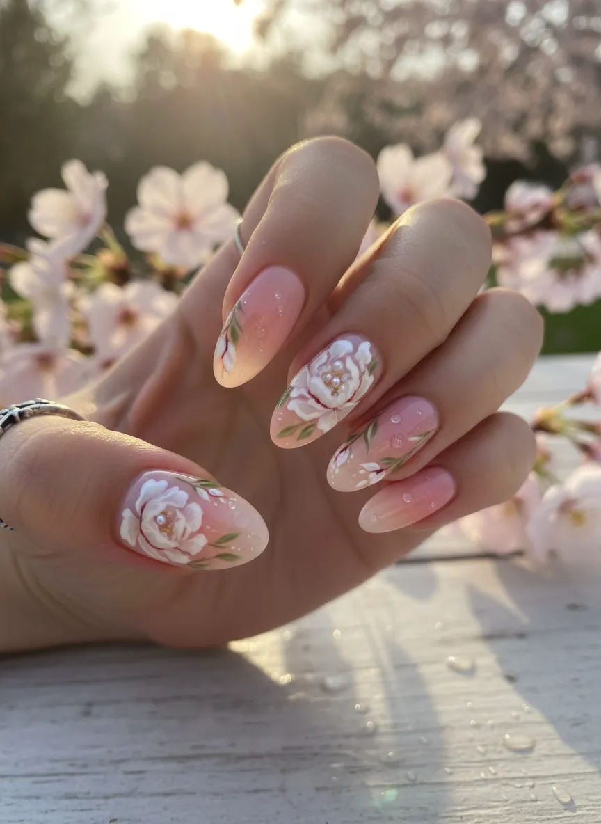Sunset gradient peony art on almond cute spring gel nails 2026