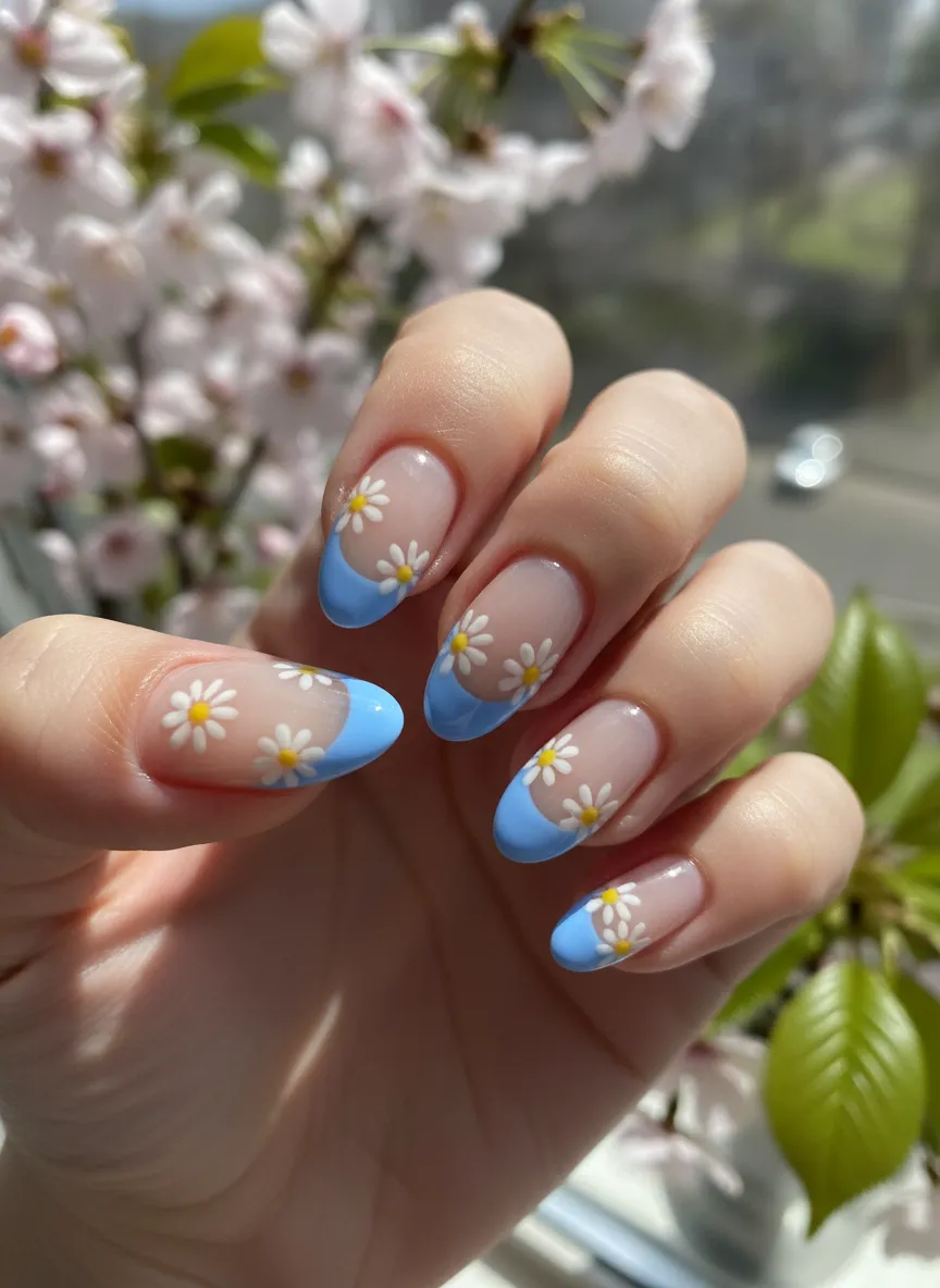 Sky blue daisy French tip almond nails for cute spring gel nails 2026