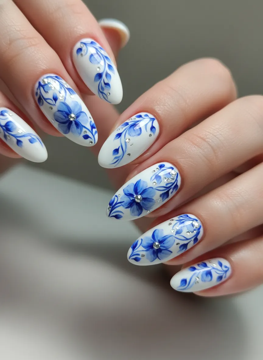 Classic Cobalt Porcelain Blue and White Nail Ideas