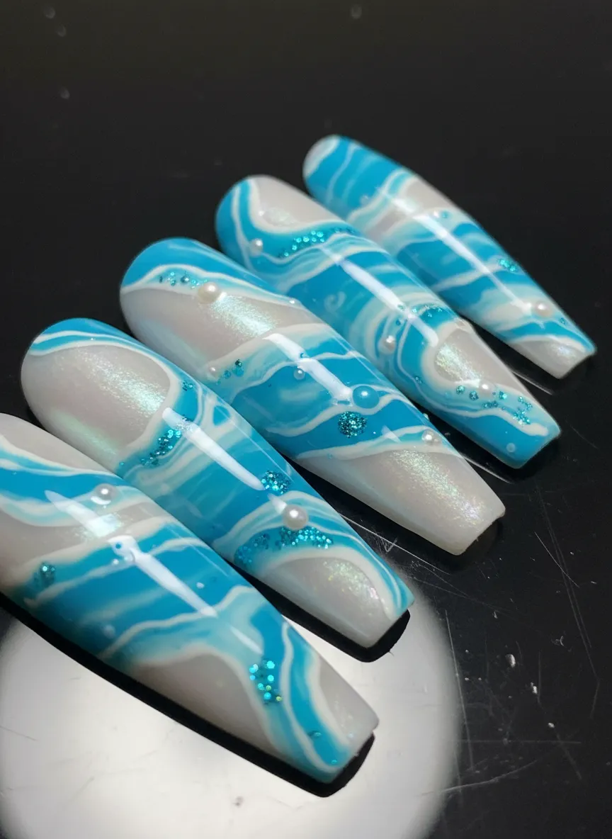 Shimmering Pearl and Turquoise Blue and White Nail Ideas