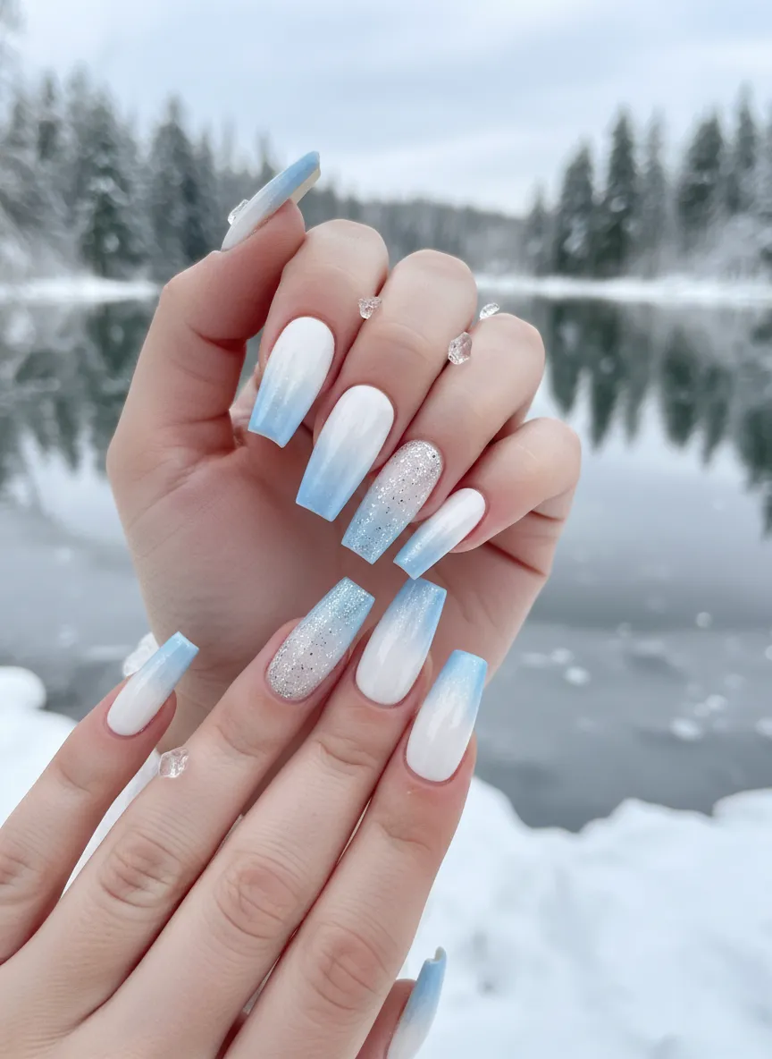 Icy Glacial Ombre Blue and White Nail Ideas