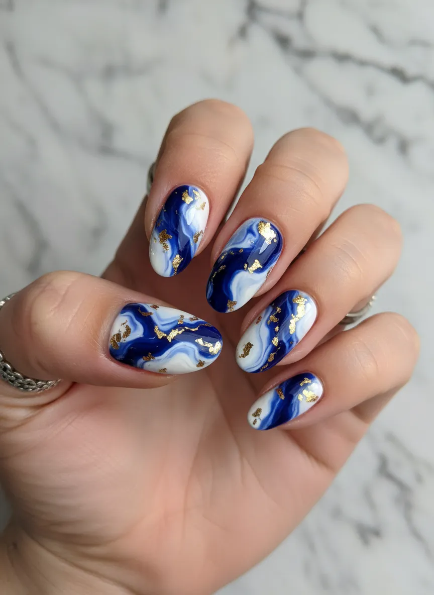 Abstract Marble Swirls Blue and White Nail Ideas