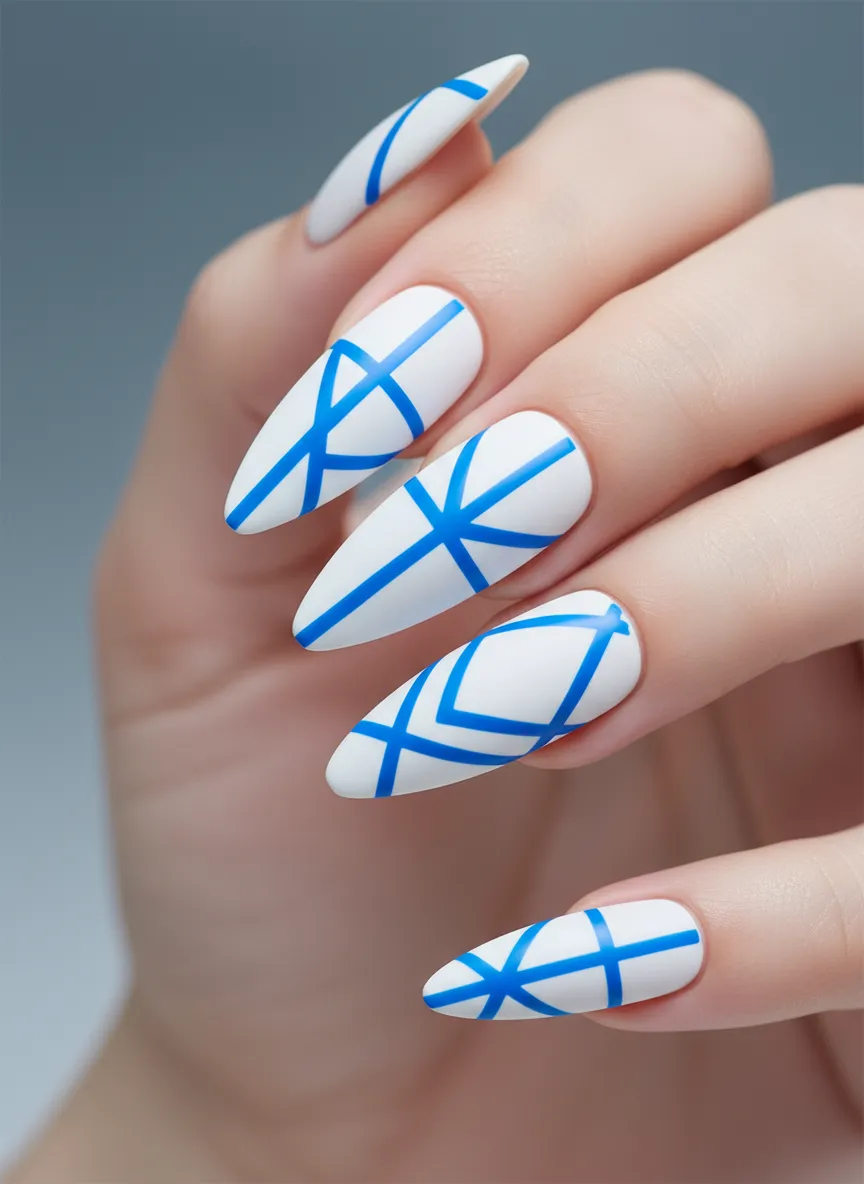 Geometric Cerulean Lines Blue and White Nail Ideas