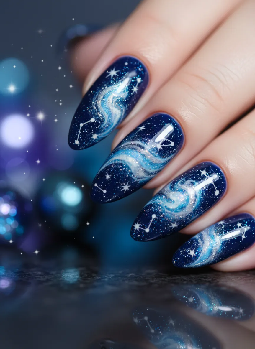 Celestial Midnight Sparkle Blue and White Nail Ideas