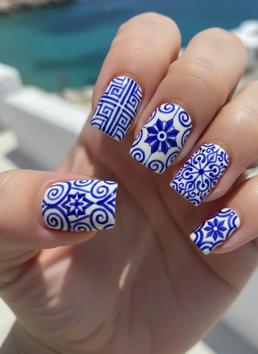 Mediterranean Tile Art Blue and White Nail Ideas