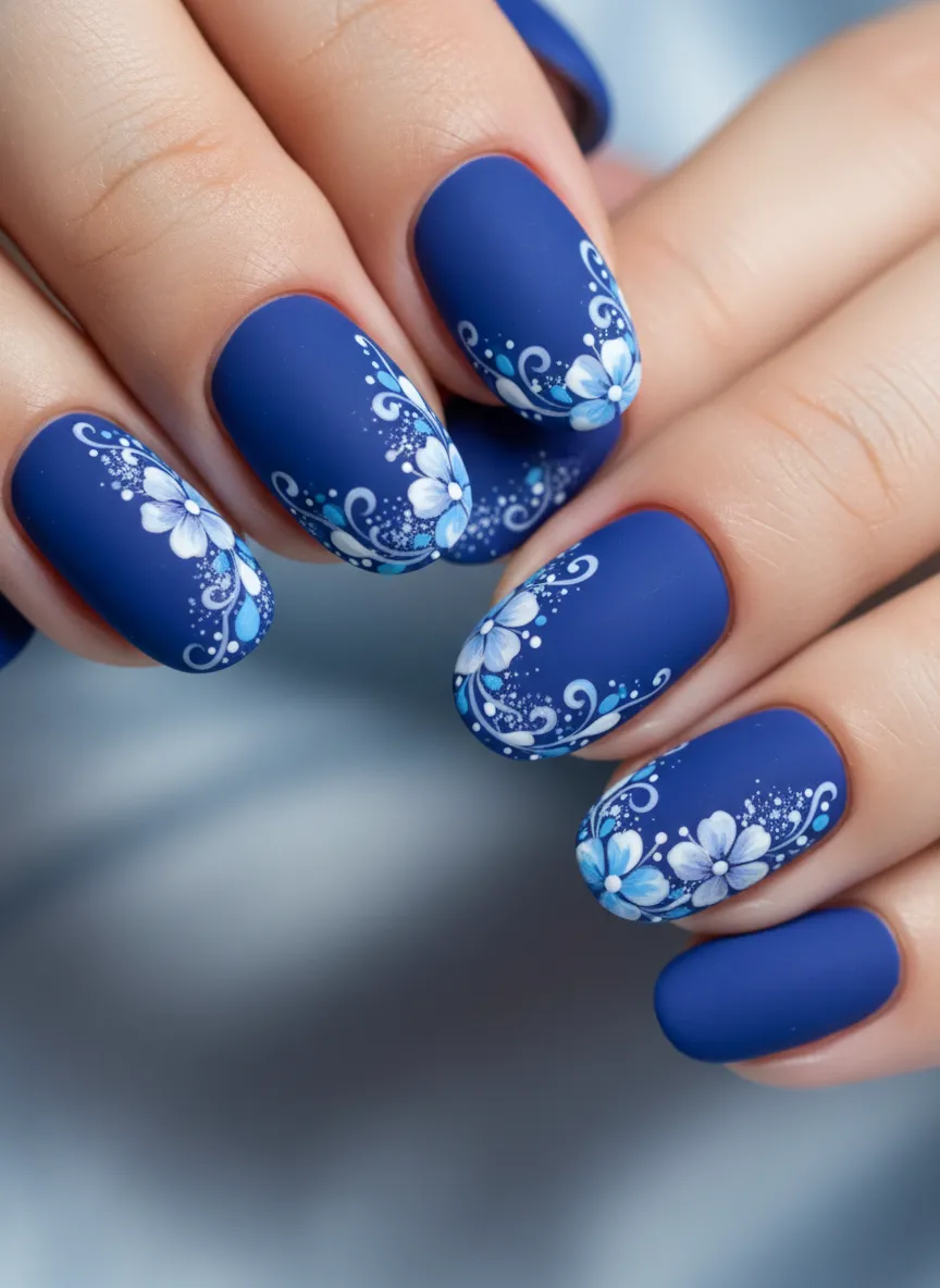 Matte Royal Blue Florals Blue and White Nail Ideas
