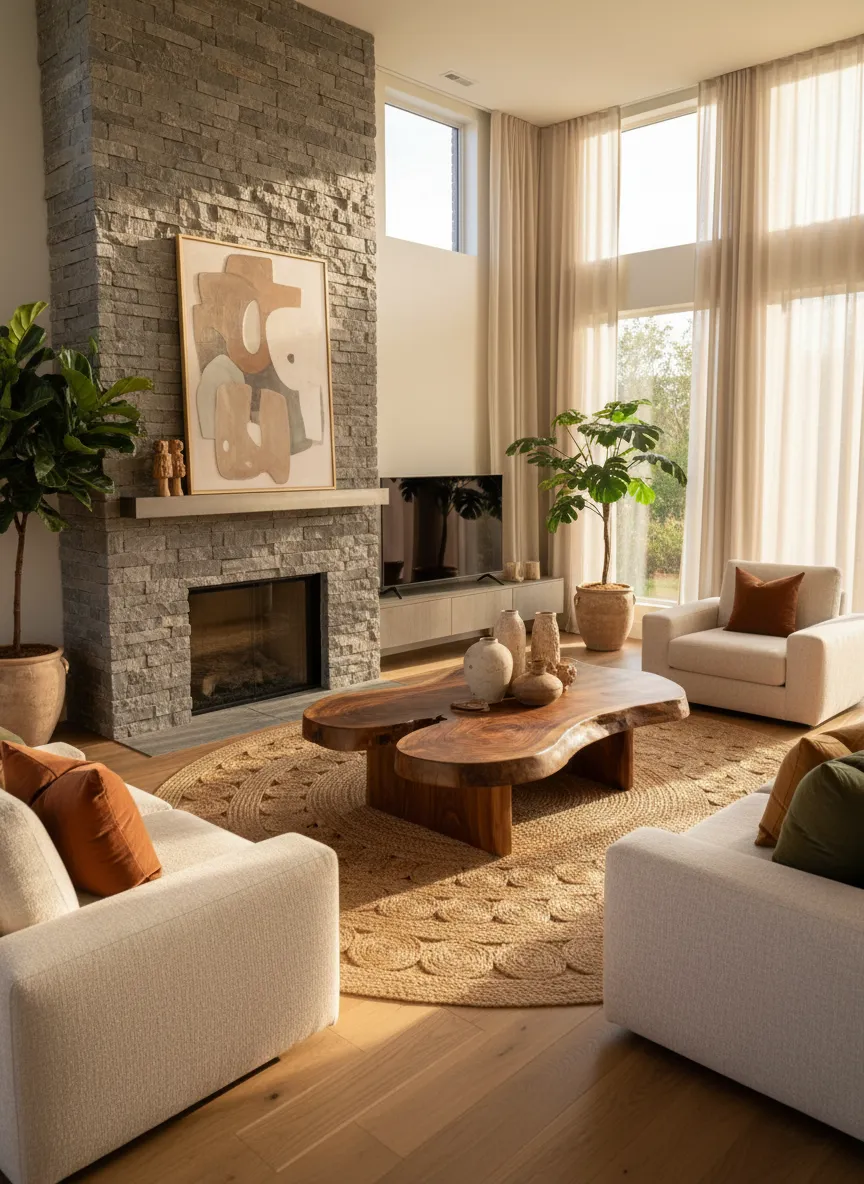 Biophilic textures in a modern earthy living room