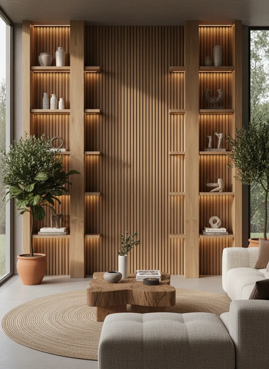 Custom wood elements in a modern earthy living room