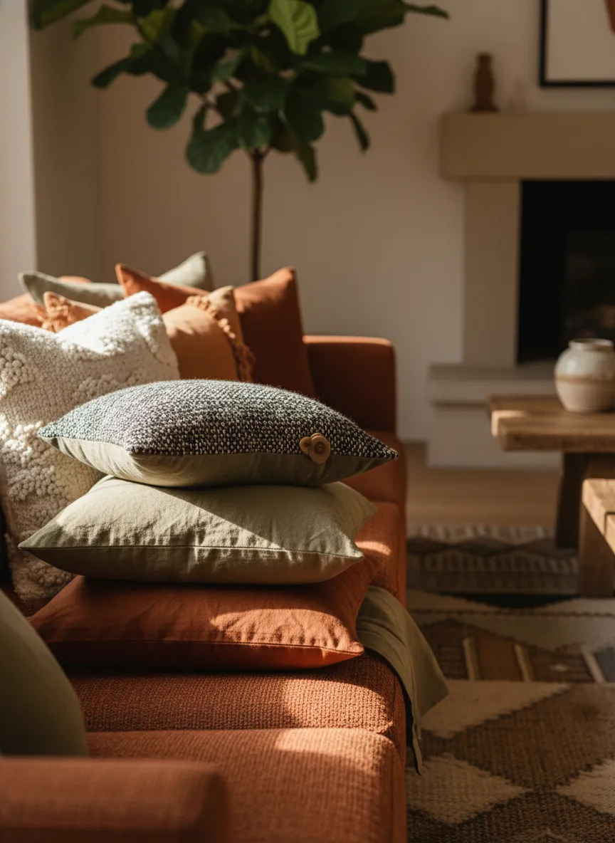 Layered textiles in a modern earthy living room